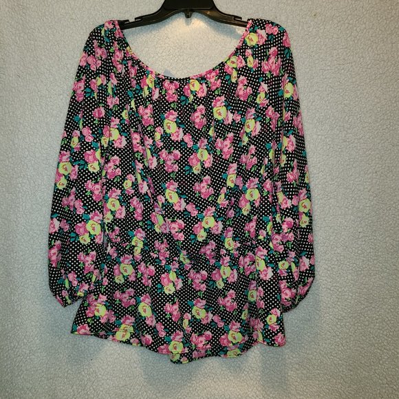 Betsey Johnson Long Sleeve Blouse Puffy Elastic Sleeve XL Black Pink Floral Whit - Picture 6 of 6